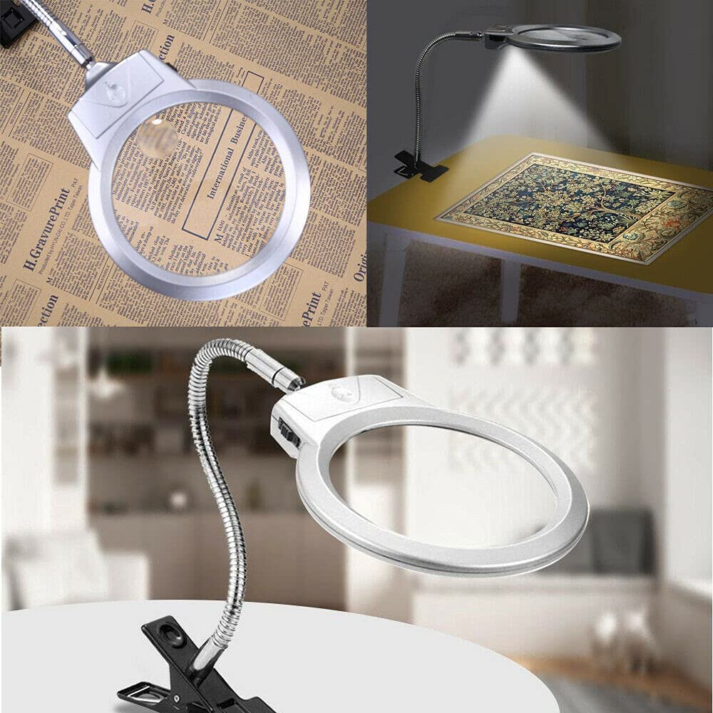 Large Lens Lighted Lamp Top Desk Magnifier Magnifying Glass Clamp with LED Light for Reading, Hobbies, Crafts or Other DIY