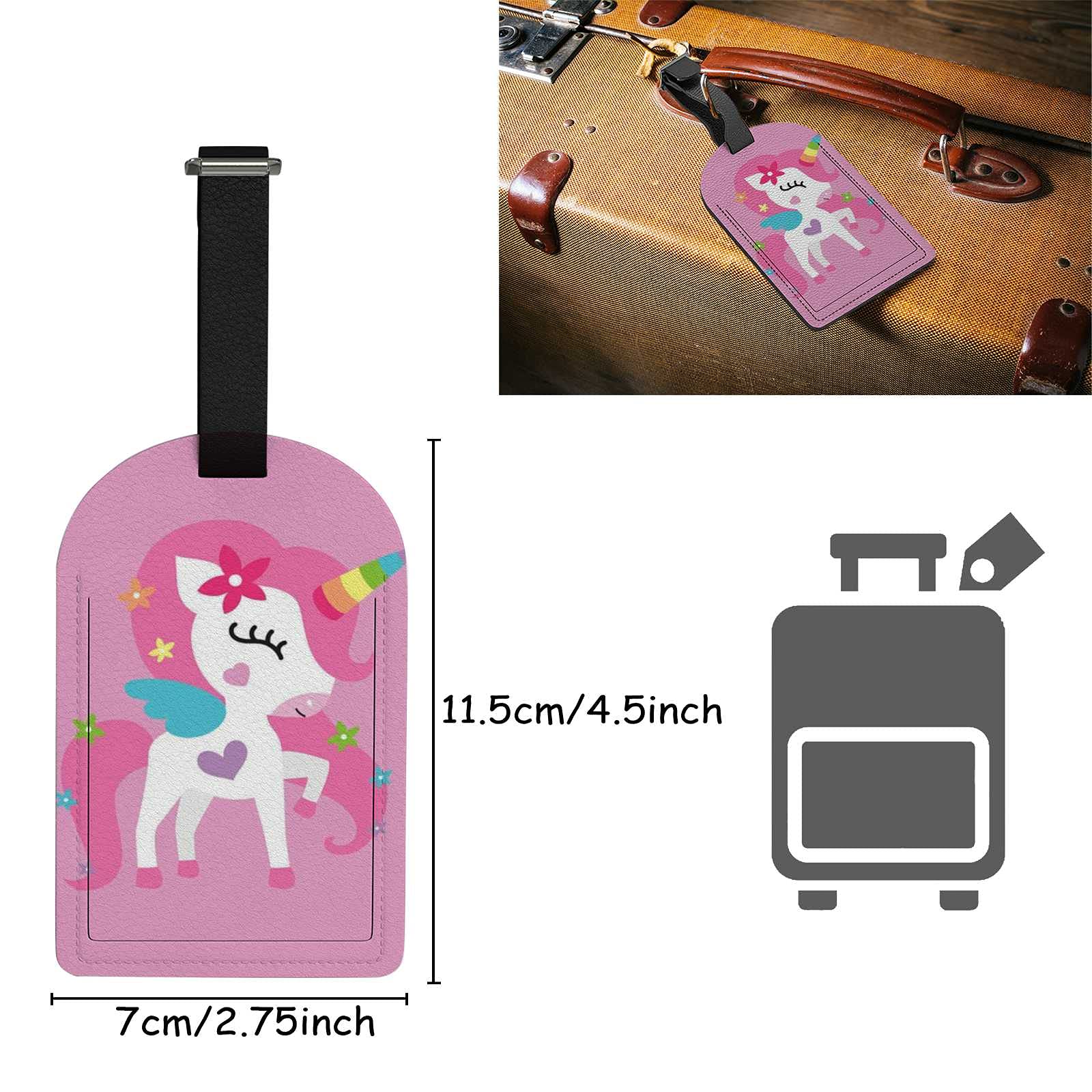 XOLLAR Luggage Tags Pink Baby Unicorn Girl Name ID Identifier Labels for Suitcase Travel Bag Leather Privacy Cover Baggage Tag 1 Piece, One Size