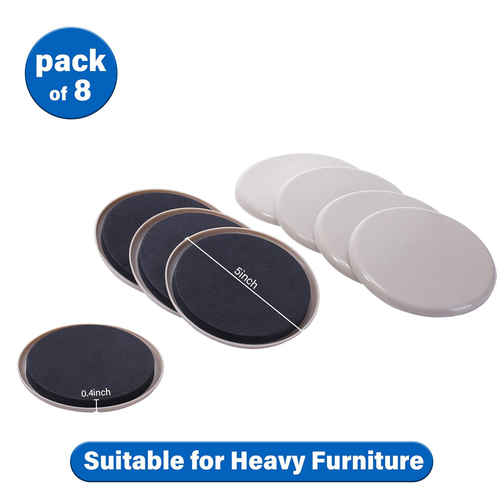 Kayzn Furniture Sliders for Carpet, 8 Pcs 5" Round Furniture Moving Pads, Heavy-Duty Furniture Movers - Reusable Slider, Move Any Item Quickly, Easily and Safe!