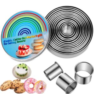 kspowwin 12 pieces biscuit cookie cutter set with tin box biscuit plain edge round cutters metal ring baking molds, stainless steel cookie dough biscuit muffins cutters in graduated sizes