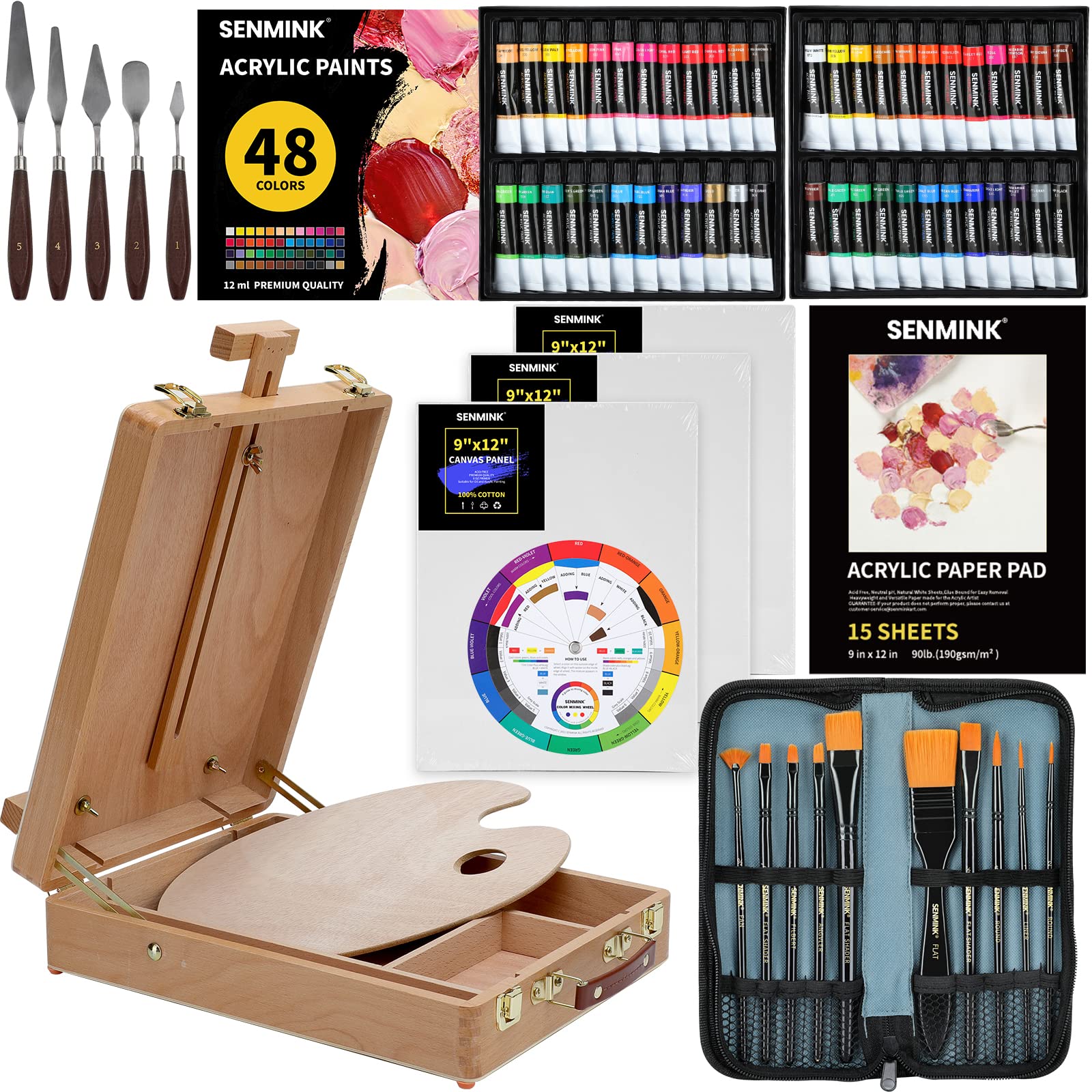 69 Pcs Artists Painting Set with Wood Box Easel，48×12ML Acrylic Painting Set, Canvas 9x12 inches, Wood Palette, Palette Knife Art Supplies, Paint Set for Adults Beginners