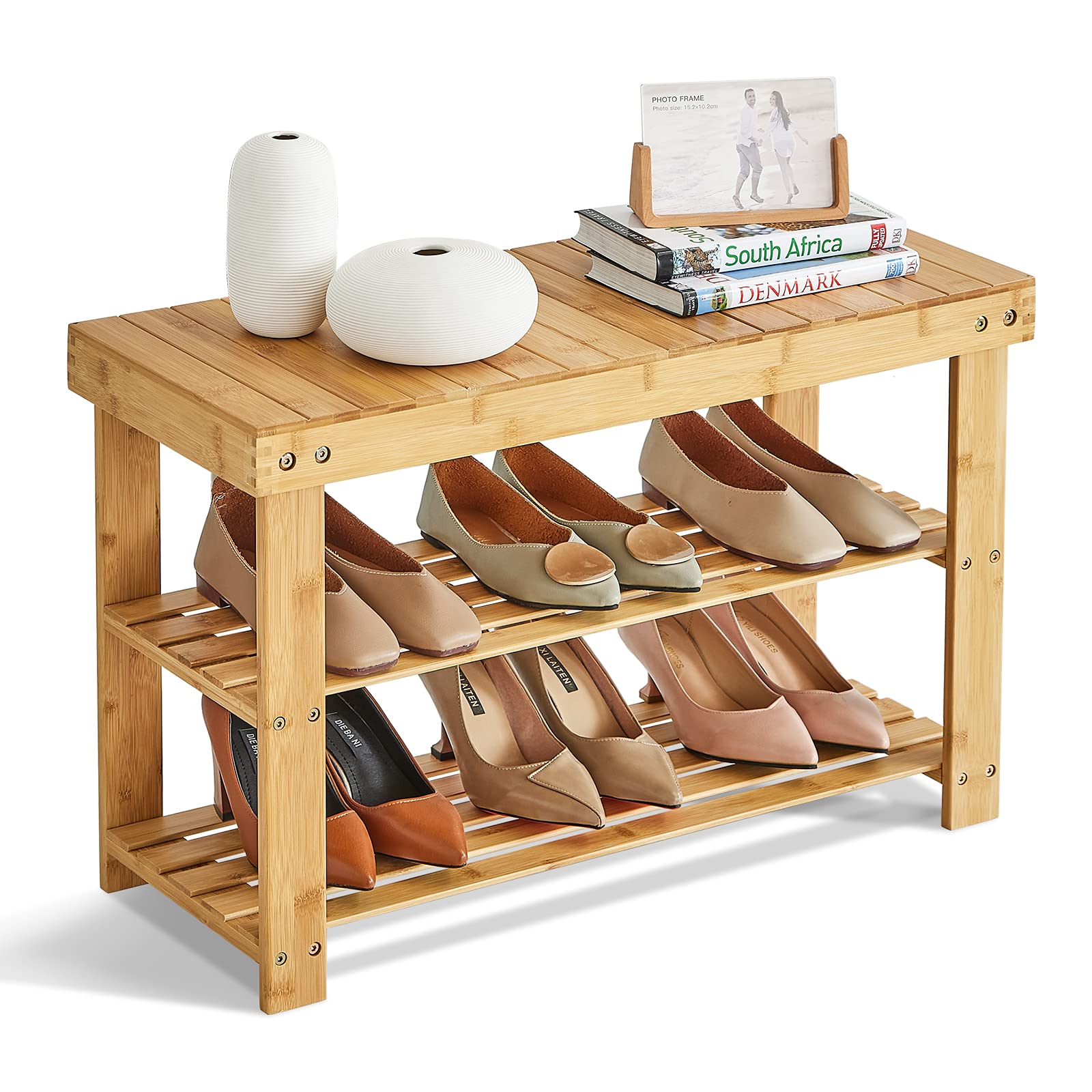 GHWIE 3-Tier Shoe Rack Bench, Natural Bamboo, Easy Assembly, Sturdy, Eco-Friendly, Intimate Design, Space Saving, 100% Money-Back Guarantee