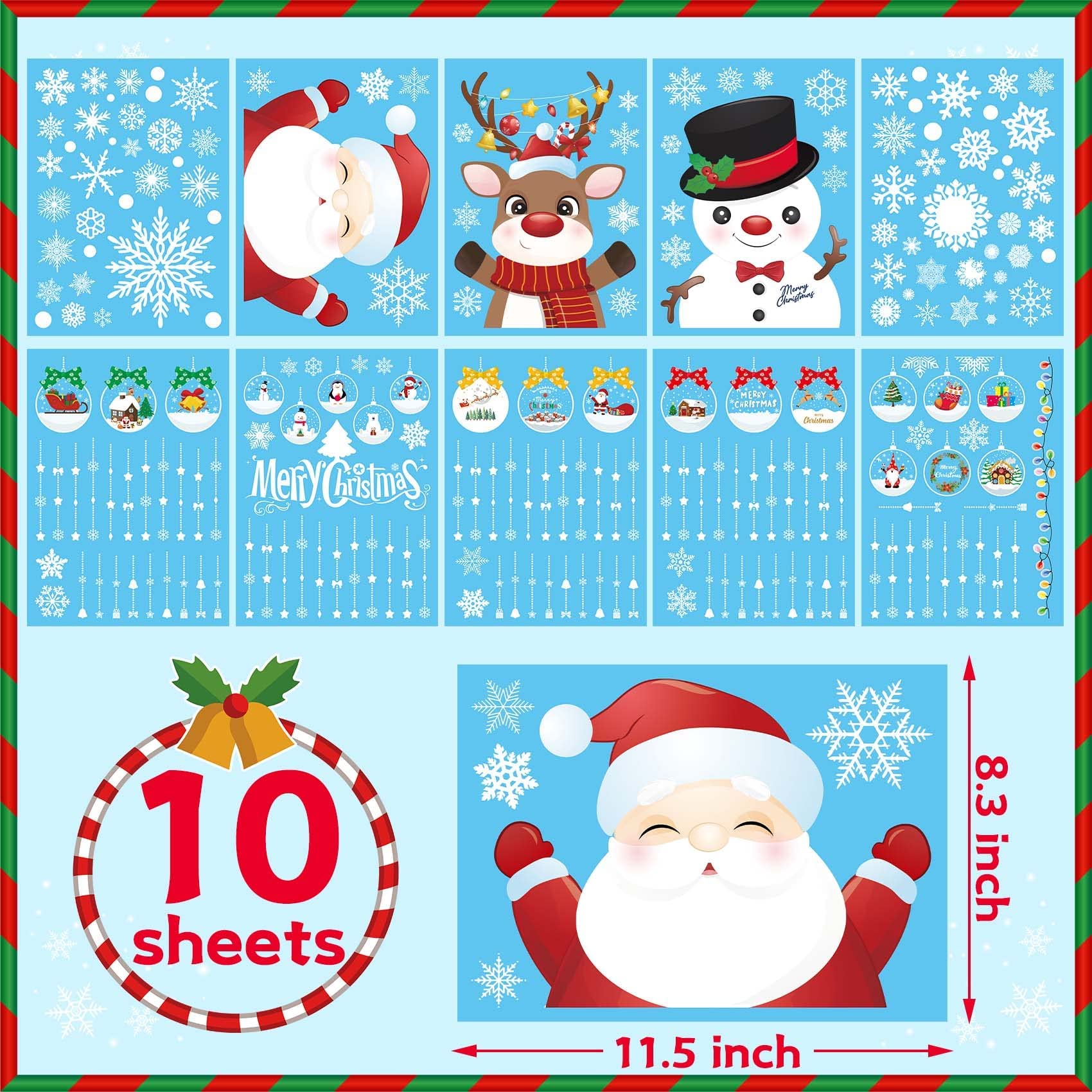 MISS FANTASY Christmas Window Clings Decorations 10 Sheets Large Merry Christmas Snowflake Window Stickers Decals for Glass Window Double Sided Christmas Decorations for Home Office School Classroom