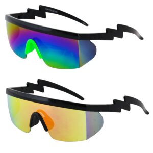 FLAWLESS EYEWEAR Semi Rimless Goggle Style Retro Rainbow Mirrored Lens ZigZag Sunglasses (2 PACK: RainbowGreen and BlackOrange)