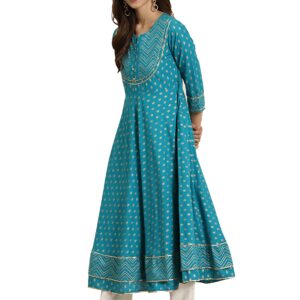 Yash Gallery Women's Cotton Blend Floral Print Anarkali Kurta (Blue)