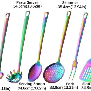 Marco Almond® Kitchen Utensil Set, Stainless Steel Cooking Utensils Sets with Titanium Plated, 7 PCS Kitchen Turner, Serving Spoon, Ladle, Skimmer Spoons, Fork, Pasta Server and Holder, Rainbow