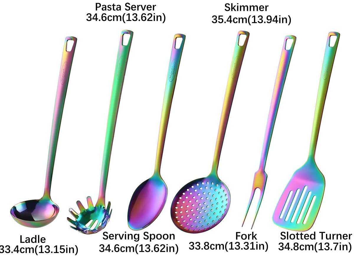 Marco Almond® Kitchen Utensil Set, Stainless Steel Cooking Utensils Sets with Titanium Plated, 7 PCS Kitchen Turner, Serving Spoon, Ladle, Skimmer Spoons, Fork, Pasta Server and Holder, Rainbow