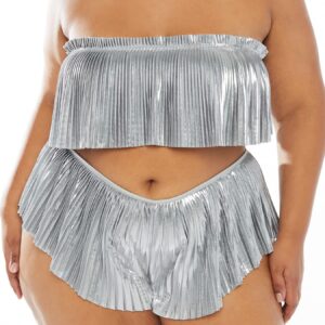 Savage X Fenty, Women's, Pleated Lamé Short with Keyhole, Spaced Out Metallic Silver, 1X