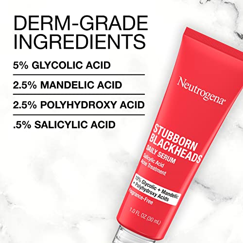 Neutrogena Stubborn Blackheads Daily Acne Facial Serum with Salicylic, Glycolic, Polyhydroxy & Mandelic Acids, Oil-Free Face Serum for Acne-Prone Skin to Help Clear Clogged Pores, 1 fl. oz