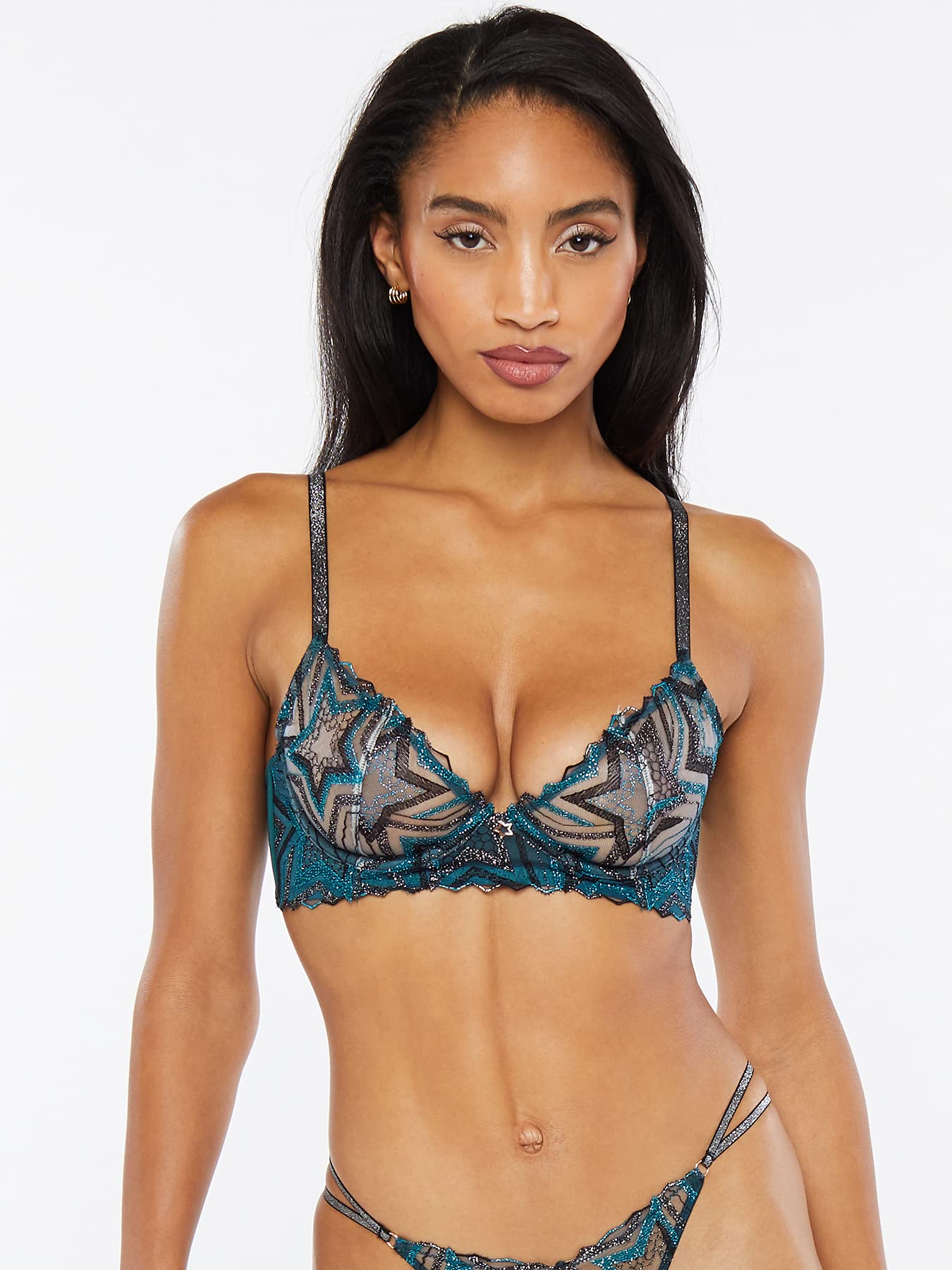 Savage X Fenty, Women's, Shining Star Embroidered Unlined Demi Bra, Wildflower Blue Starstruck Embroidery, 40D