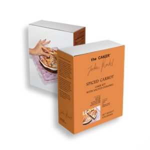 spiced carrot w salted caramel cake kit by the caker | luxury boxed cake mixes | non-gmo | decorations & non-stick pan liner included | made with organic ingredients | 16.9oz