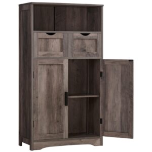 iwell large storage cabinet with 2 drawers & 2 shelves, bathroom cabinet, cupboard for living room, kitchen, office, rustic gray