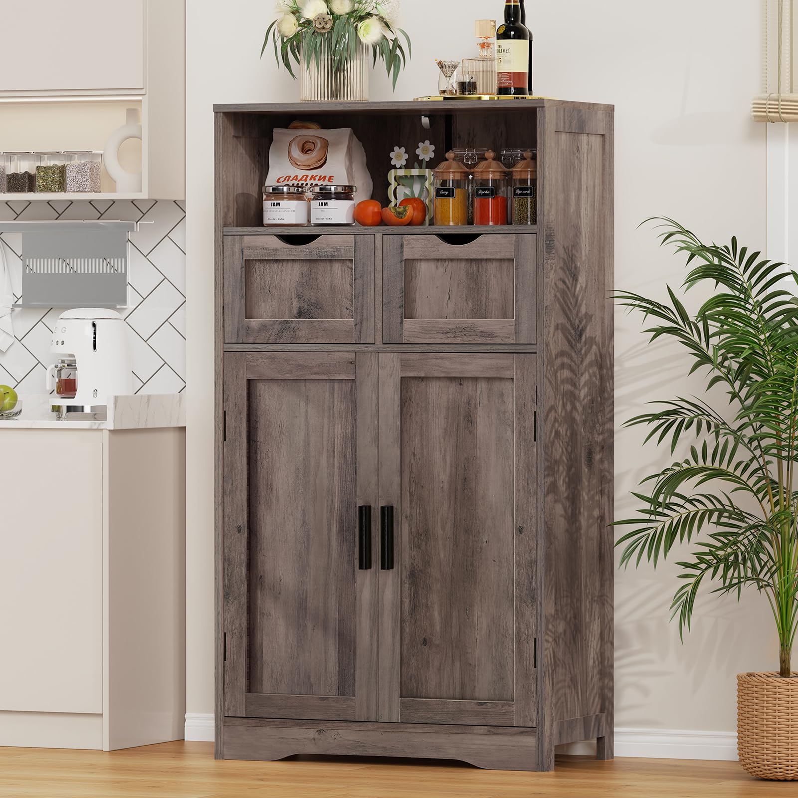 Iwell Large Storage Cabinet with 2 Drawers & 2 Shelves, Bathroom Cabinet, Cupboard for Living Room, Kitchen, Office, Rustic Gray