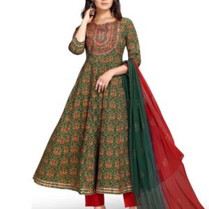 Rajnandini Women's Pure Cambric Cotton Embroidered Kurta Set With Dupatta (JOPLVL213-XXL_Green & Red_XXL)