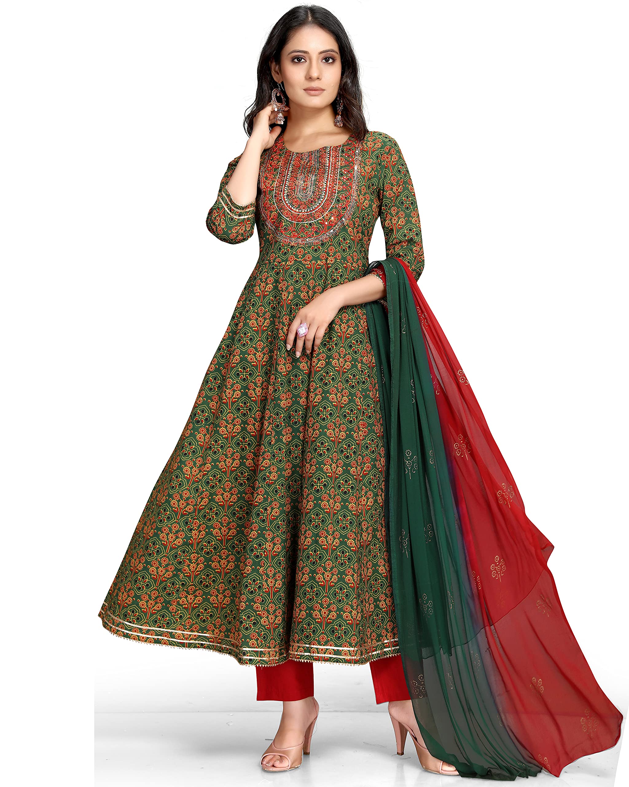 Rajnandini Women's Pure Cambric Cotton Embroidered Kurta Set With Dupatta (JOPLVL213-XXL_Green & Red_XXL)