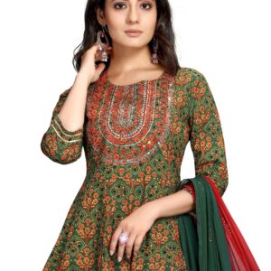 Rajnandini Women's Pure Cambric Cotton Embroidered Kurta Set With Dupatta (JOPLVL213-XXL_Green & Red_XXL)