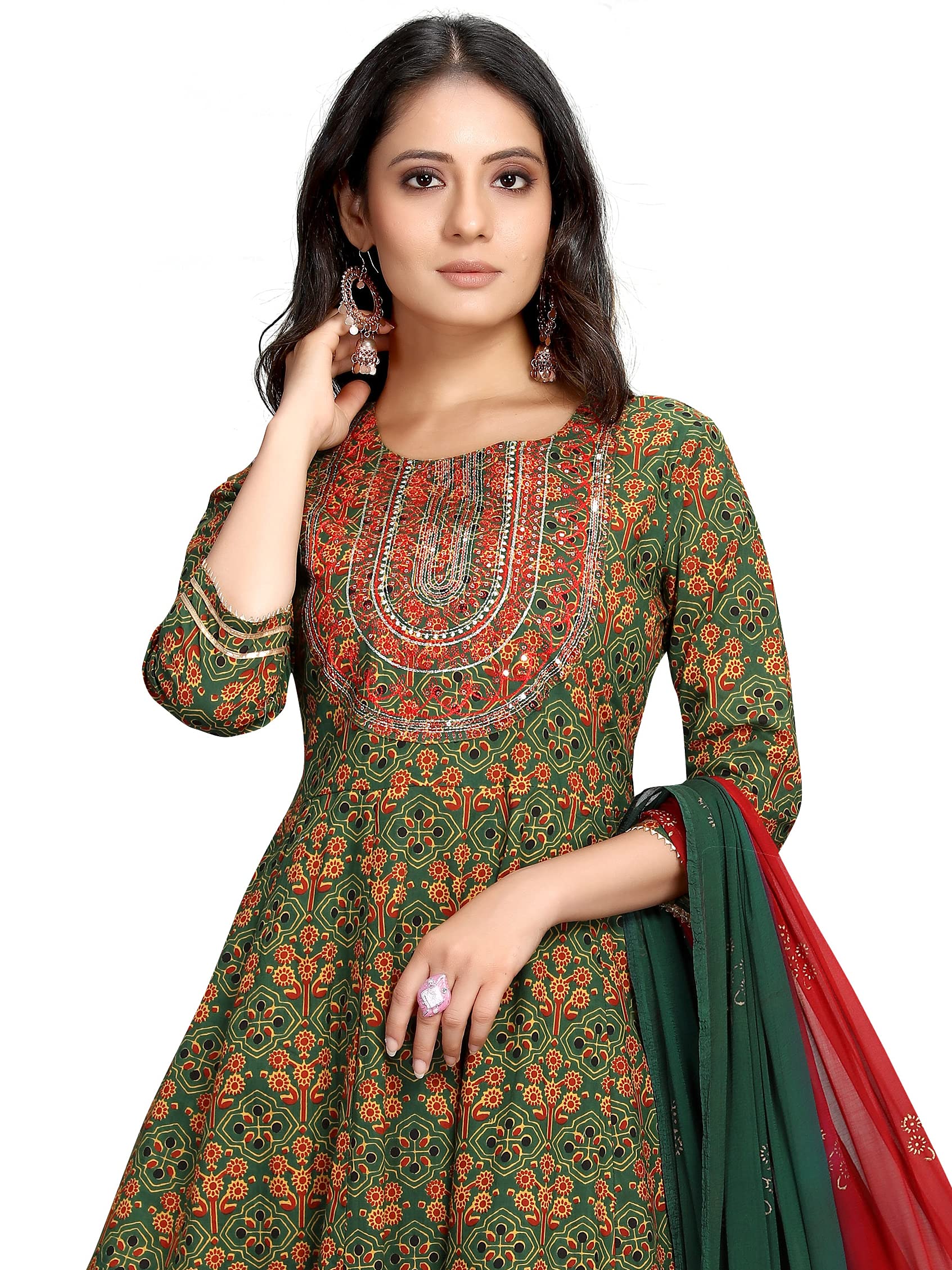 Rajnandini Women's Pure Cambric Cotton Embroidered Kurta Set With Dupatta (JOPLVL213-XXL_Green & Red_XXL)