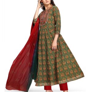 Rajnandini Women's Pure Cambric Cotton Embroidered Kurta Set With Dupatta (JOPLVL213-XXL_Green & Red_XXL)