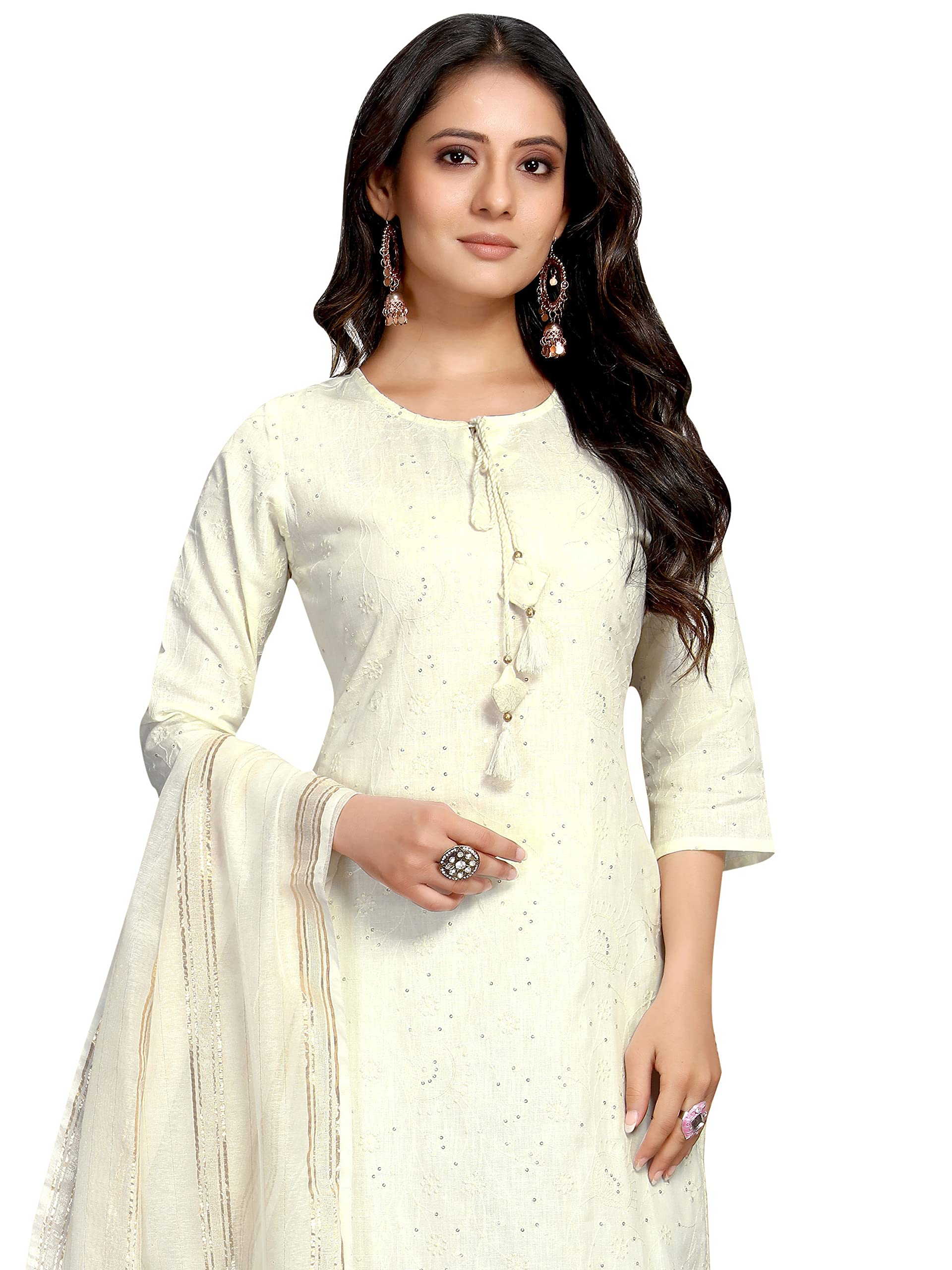 Rajnandini Women's Pure Cambric Cotton Embroidered Kurta Set With Dupatta (JOPLVL214-XXL_Off-White_XXL)