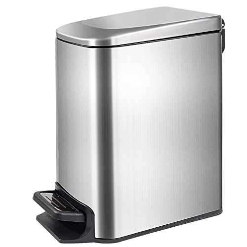 JACY&Co Small Bathroom Trash Can with Lid Soft Close, 6 Liter / 1.6 Gallon Stainless Steel Garbage Can with Removable Inner Wastebasket, Anti-Fingerprint Finish(Silver)