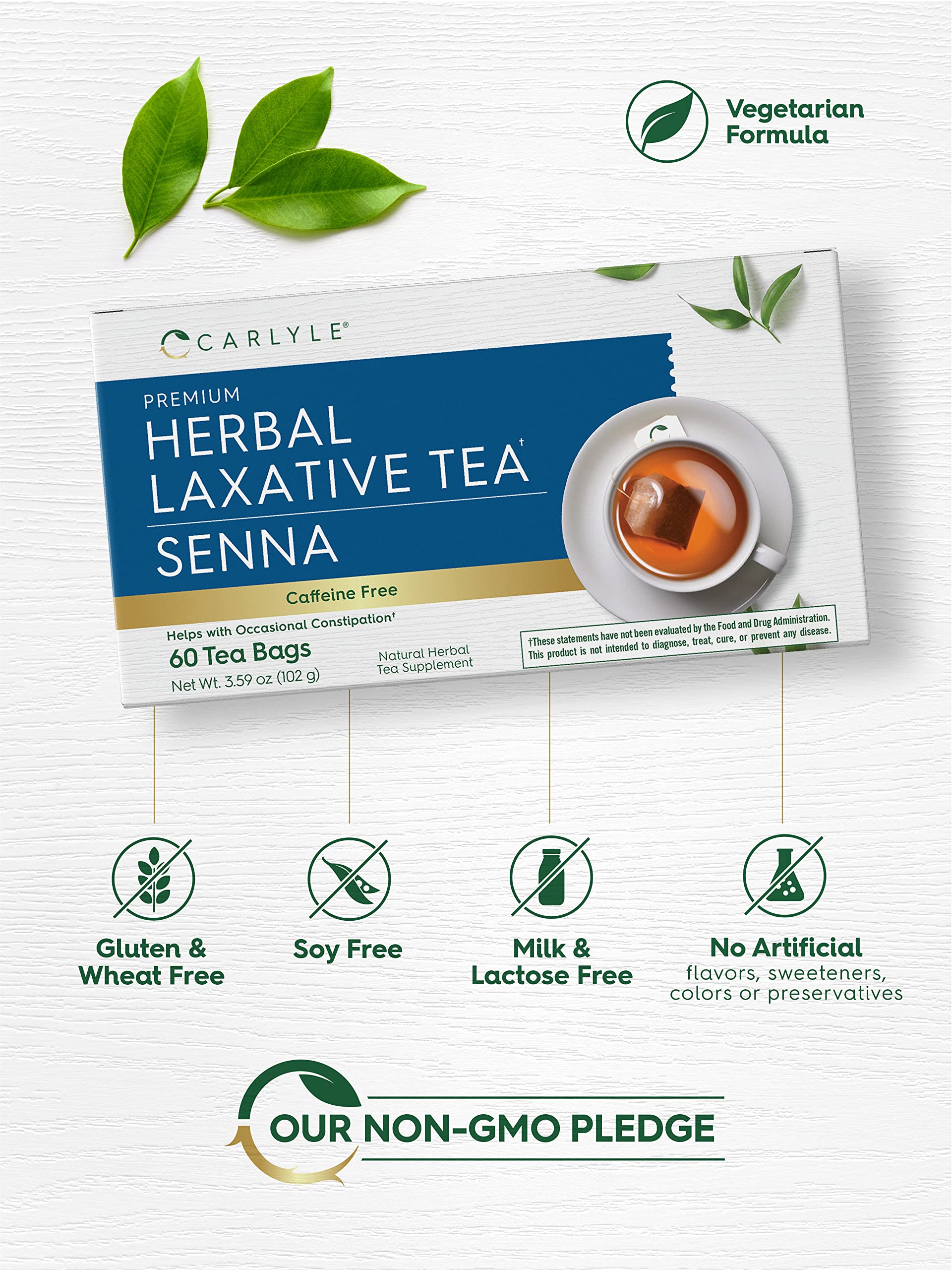 Carlyle Herbal Laxative Senna Leaf Tea | 60 Tea Bags | No Caffeine | Helps with Occasional Constipation | Vegetarian, Non-GMO & Gluten Free