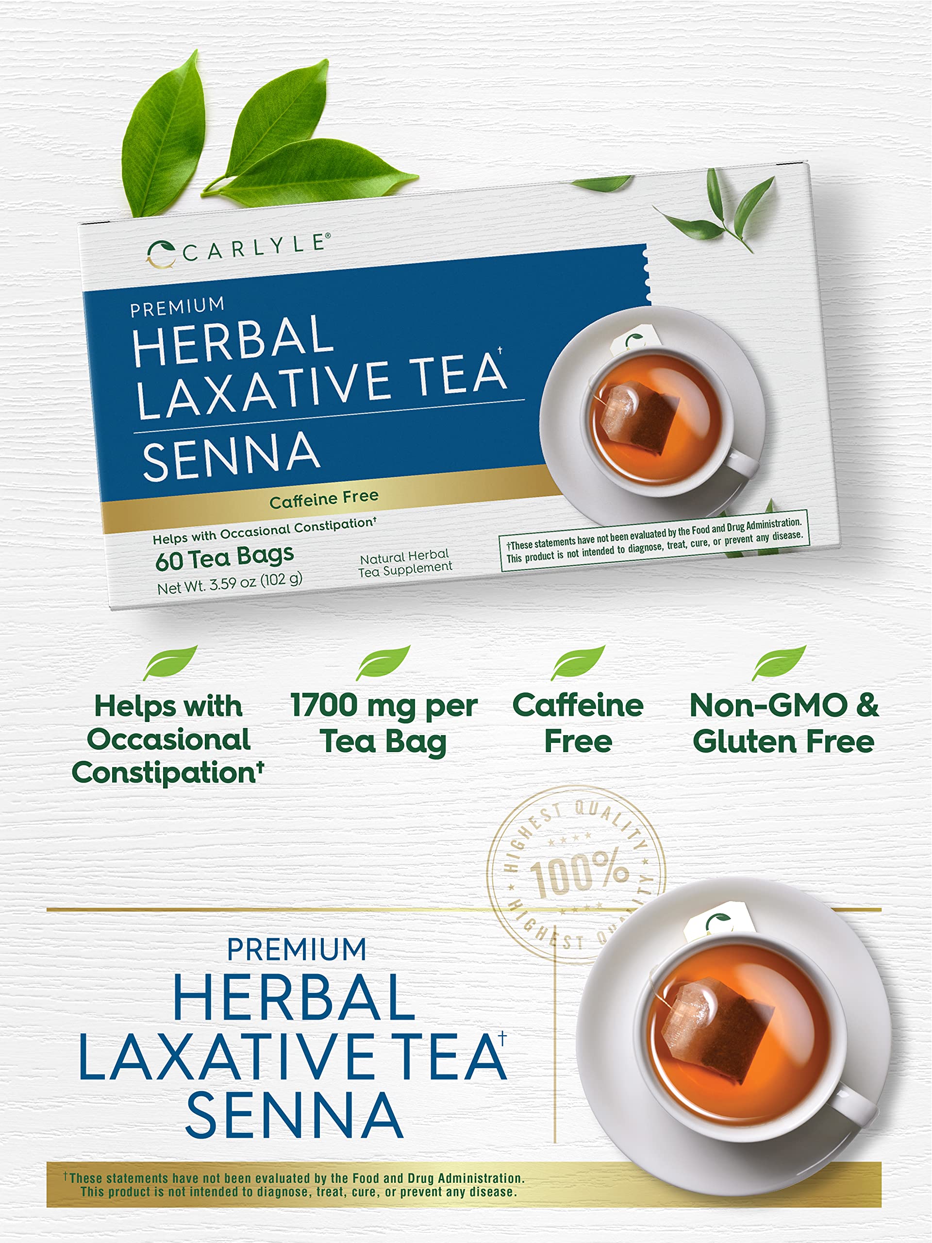 Carlyle Herbal Laxative Senna Leaf Tea | 60 Tea Bags | No Caffeine | Helps with Occasional Constipation | Vegetarian, Non-GMO & Gluten Free