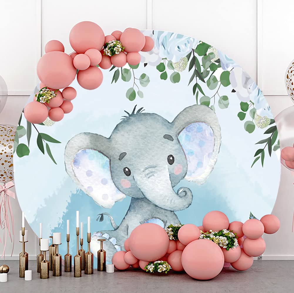 Yeele 7x7ft Calf Elephant Round Backdrop It's A Boy Watercolor Elephant Blue Flowers Plants Background Party Banner Supplies Polyester Baby Shower Photography Backdrop Theme Party Decoration Photo