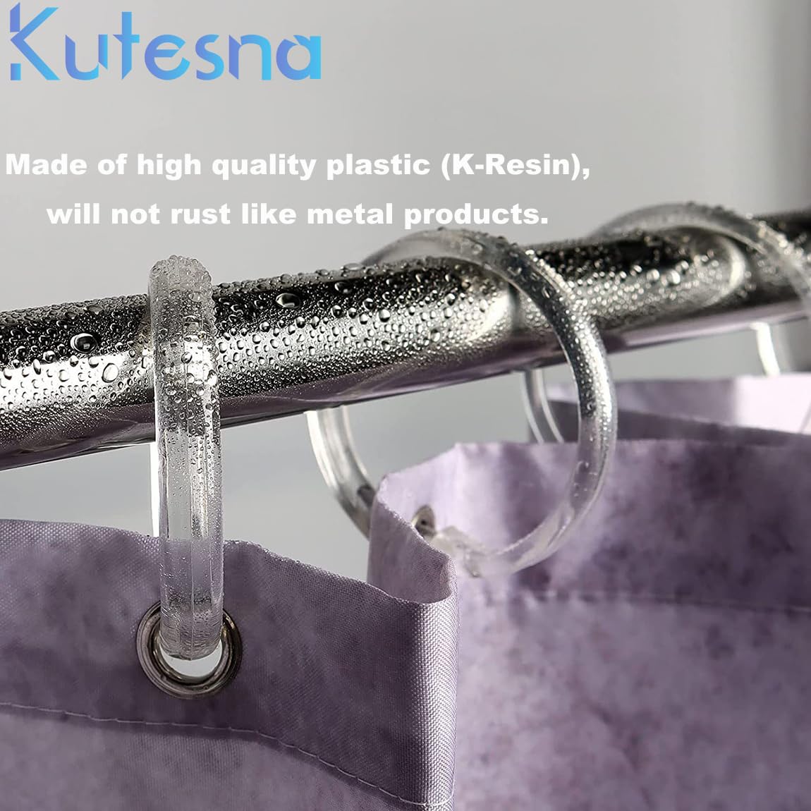 Kutesna 12 PCS Clear Plastic Shower Curtain Rings, Easy Snap Closure Shower Curtain Hooks