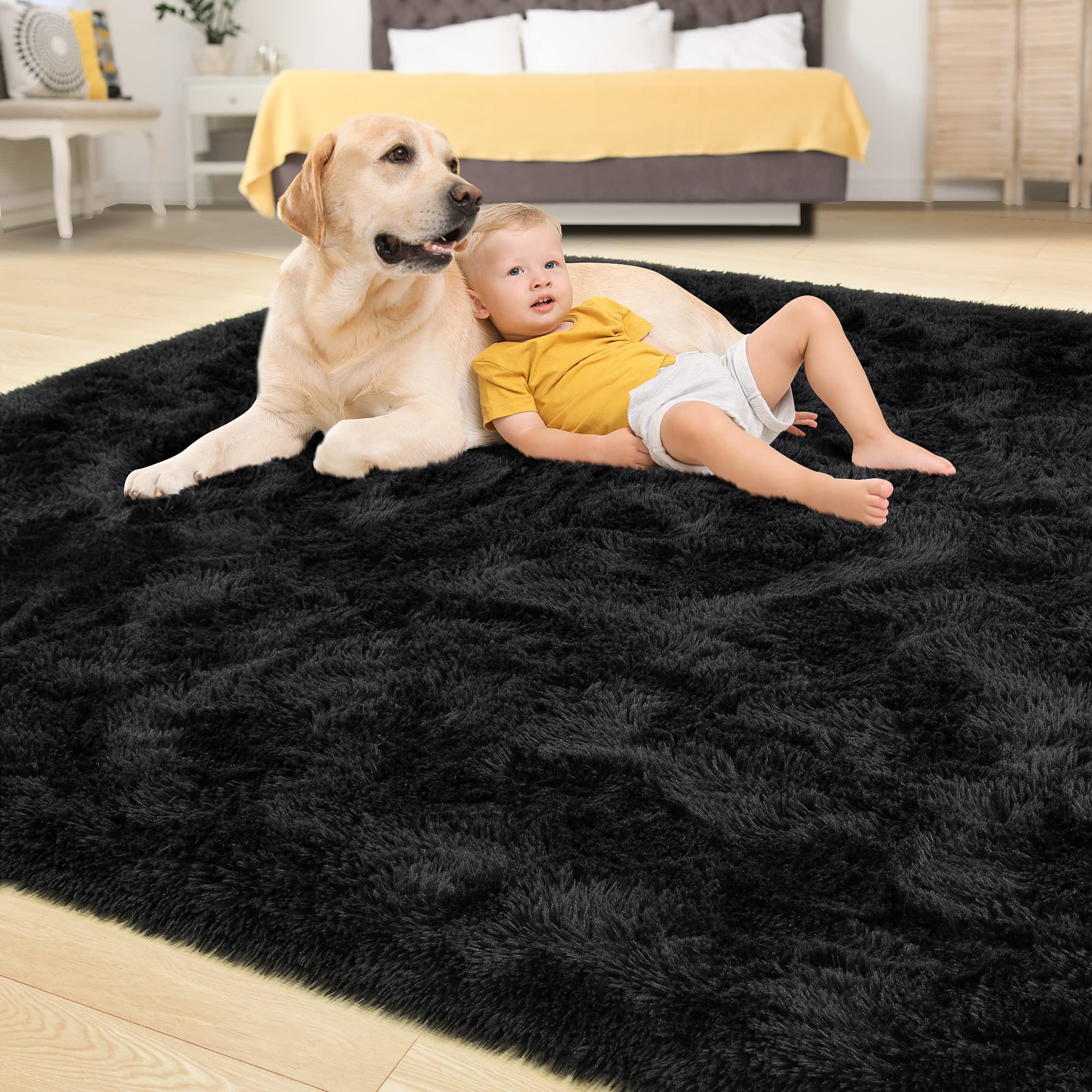 Tepook Super Soft Fluffy Rug for Bedroom, Modern Shaggy Rug Fuzzy Kids Rug for Living Room, Plush Indoor Nursery Home Decor Rug with Non-Slip Bottom, Black, 5 X 8 Feet