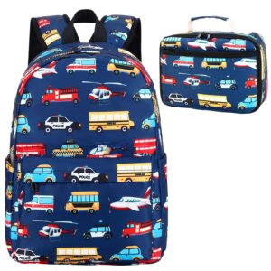 LEDAOU Kids School Backpack with Lunch Box for Boy Kindergarten BookBag School Bag Preschool Kindergarten Toddler Backpack (Car Airplane Pattern-Navy)