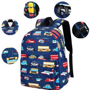 LEDAOU Kids School Backpack with Lunch Box for Boy Kindergarten BookBag School Bag Preschool Kindergarten Toddler Backpack (Car Airplane Pattern-Navy)