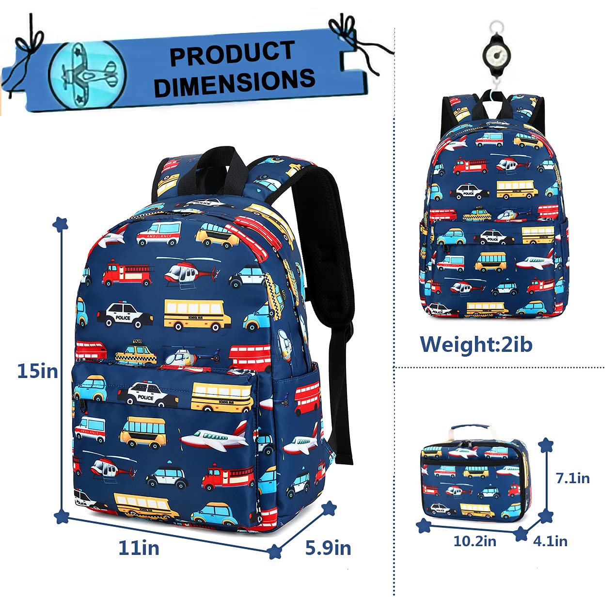 LEDAOU Kids School Backpack with Lunch Box for Boy Kindergarten BookBag School Bag Preschool Kindergarten Toddler Backpack (Car Airplane Pattern-Navy)