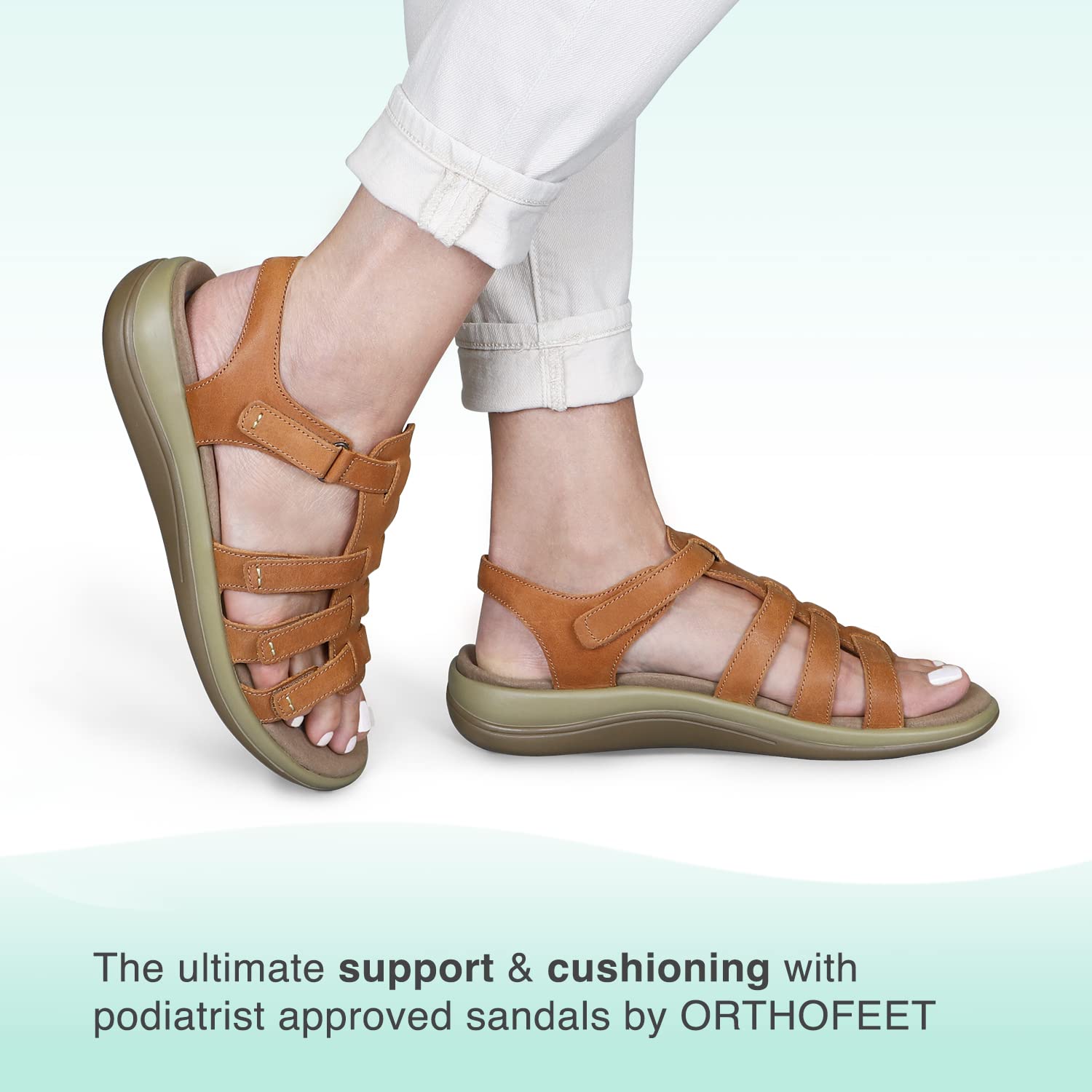 Orthofeet Women's Orthopedic Camel Leather Amalfi Adjustable Sandals, Size 9 Wide