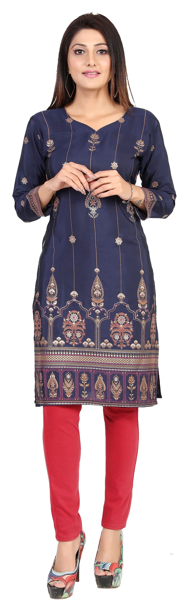 Indian Kurtas for Women Silk Long India Kurti Tunic Party Wear Tops (Blue, 3XL)