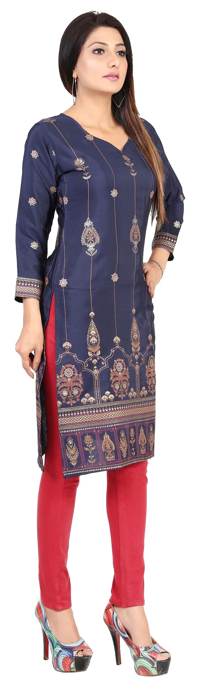 Indian Kurtas for Women Silk Long India Kurti Tunic Party Wear Tops (Blue, 3XL)