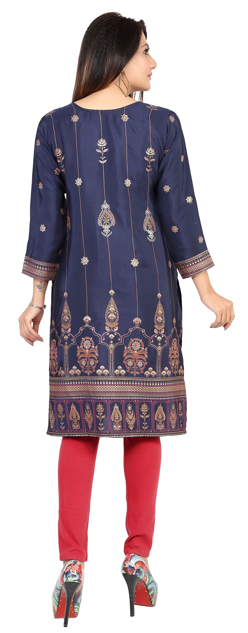 Indian Kurtas for Women Silk Long India Kurti Tunic Party Wear Tops (Blue, 3XL)