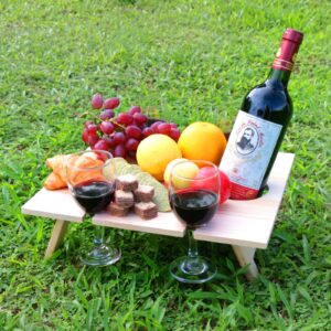 Outdoor Wine Picnic Table,Folding Portable Bamboo Tray with 4 Wine Glass Holder for Cheese and Fruit, Ideal for Camping, Beach, Wine Gifts for Women