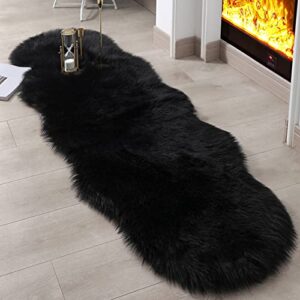 linmopm faux fur rug sheepskin rugs shag runner bedroom floor living room high-density cushion plush carpet for bed super fluffy sofa cover bedside rug (2x6 ft sheepskin, black)