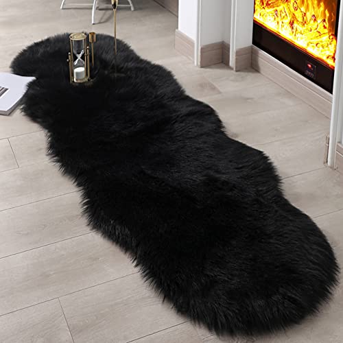 linmopm Faux Fur Rug Sheepskin Rugs Shag Runner Bedroom Floor Living Room High-Density Cushion Plush Carpet for Bed Super Fluffy Sofa Cover Bedside Rug (2x6 ft Sheepskin, Black)