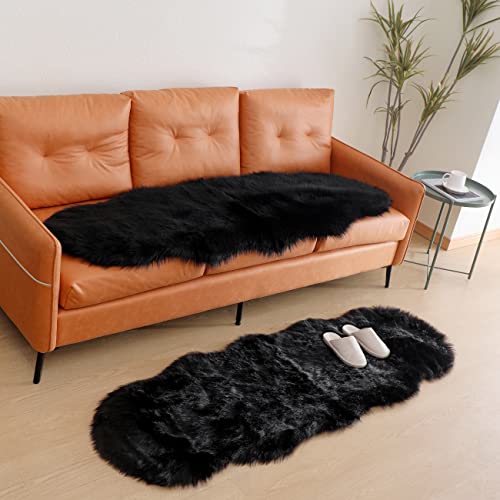 linmopm Faux Fur Rug Sheepskin Rugs Shag Runner Bedroom Floor Living Room High-Density Cushion Plush Carpet for Bed Super Fluffy Sofa Cover Bedside Rug (2x6 ft Sheepskin, Black)