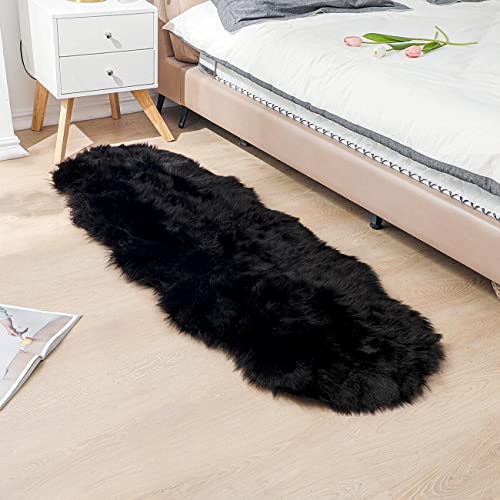 linmopm Faux Fur Rug Sheepskin Rugs Shag Runner Bedroom Floor Living Room High-Density Cushion Plush Carpet for Bed Super Fluffy Sofa Cover Bedside Rug (2x6 ft Sheepskin, Black)