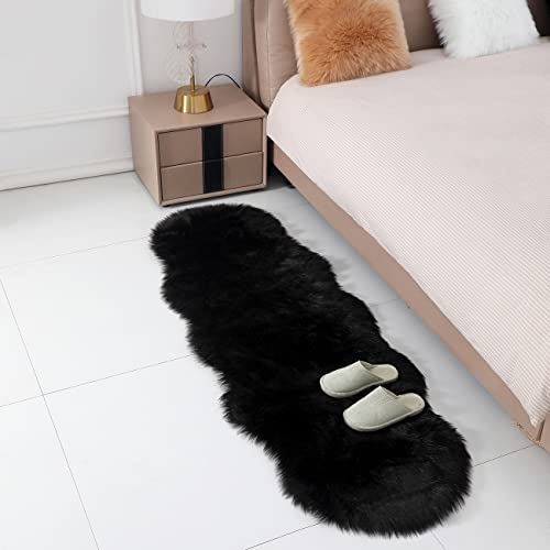 linmopm Faux Fur Rug Sheepskin Rugs Shag Runner Bedroom Floor Living Room High-Density Cushion Plush Carpet for Bed Super Fluffy Sofa Cover Bedside Rug (2x6 ft Sheepskin, Black)