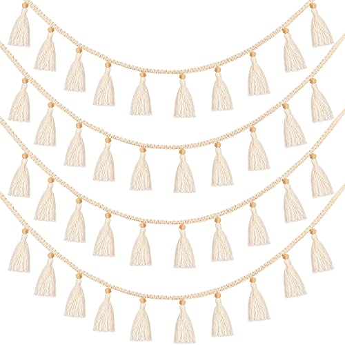 Boho Macrame Tassel Garland Hanging Banner for Classroom Cotton Tassel Home Decor nursery Room Decorative Wall Woven Hangings for School Supplies Party Decor(4 Pieces,47.2 Inch)