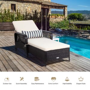 RELAX4LIFE Patio PE Rattan Chaise Lounge, Outdoor Recliner with Thick Cushion, Lumbar Pillow, 6-Gear Adjustable Backrest & Non-Slip Foot Pads, Sunbathing Lounger, Yard Wicker Couch Chair, White