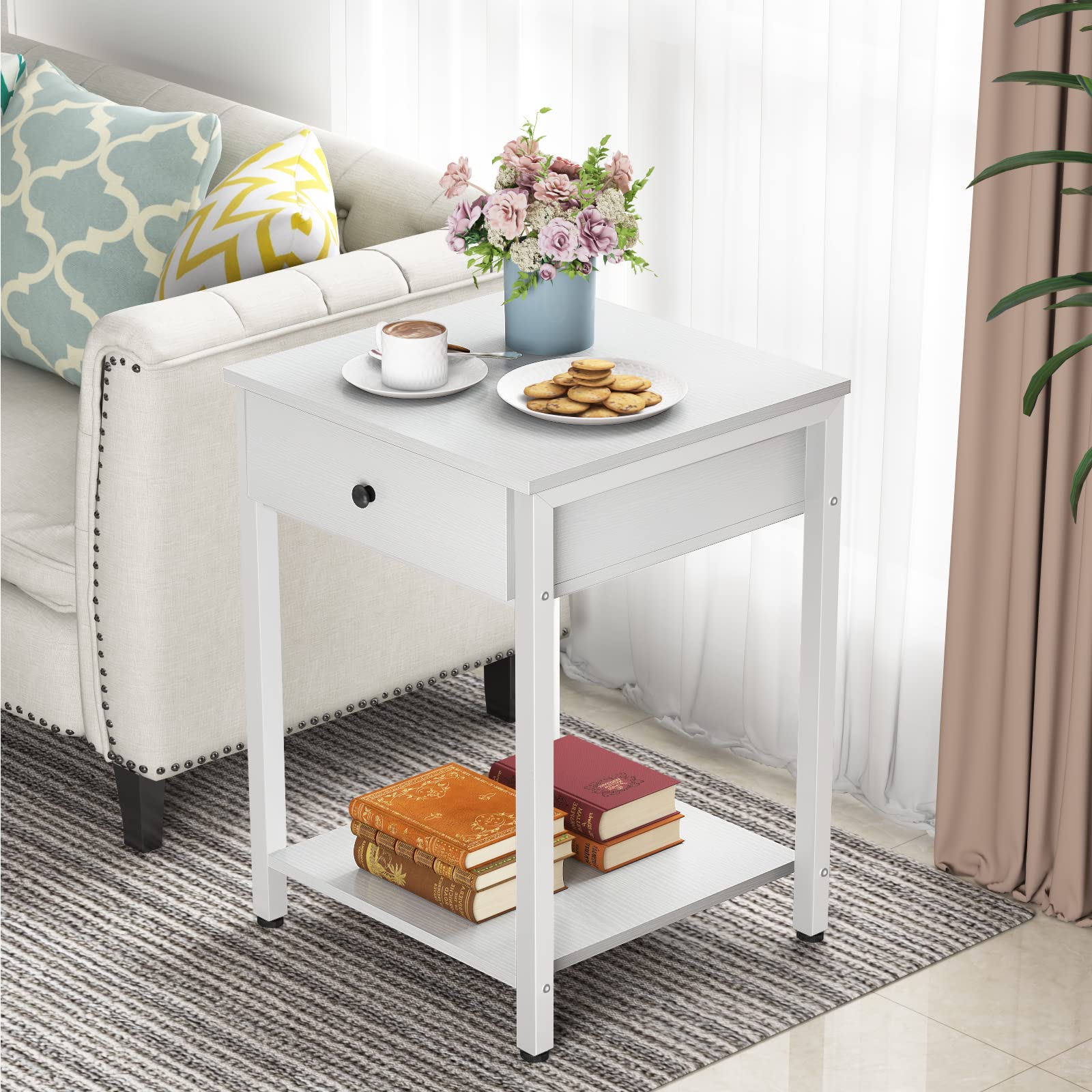 Ecoprsio Nightstand Set of 2 White End Table Side Table with Drawer and Storage Shelf Wood Night Stand Modern Bedside Table for Bedroom, Living Room, Sofa Couch, Hall, Easy Assembly, White