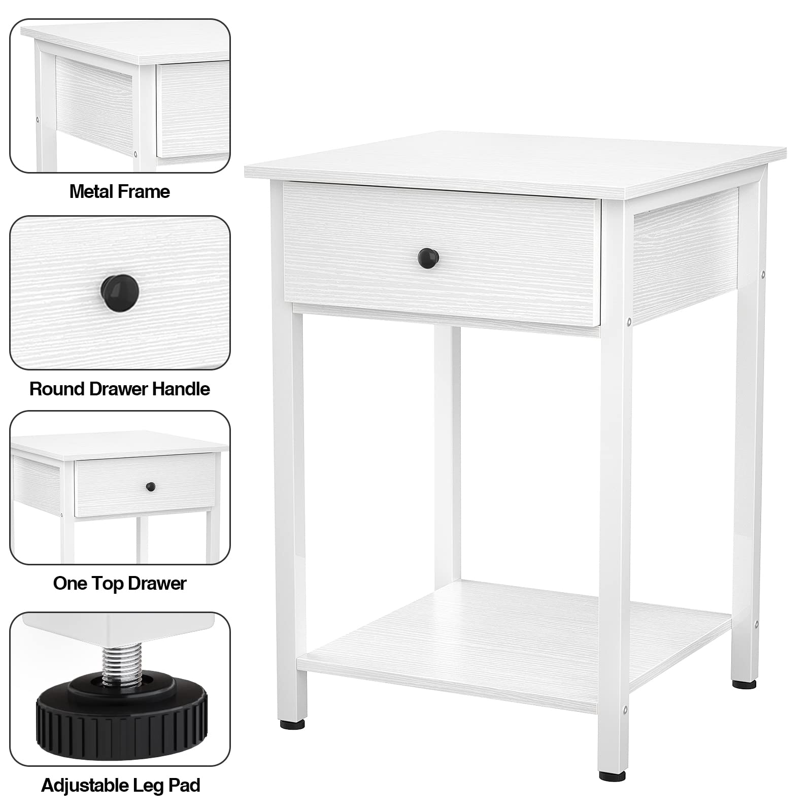 Ecoprsio Nightstand Set of 2 White End Table Side Table with Drawer and Storage Shelf Wood Night Stand Modern Bedside Table for Bedroom, Living Room, Sofa Couch, Hall, Easy Assembly, White