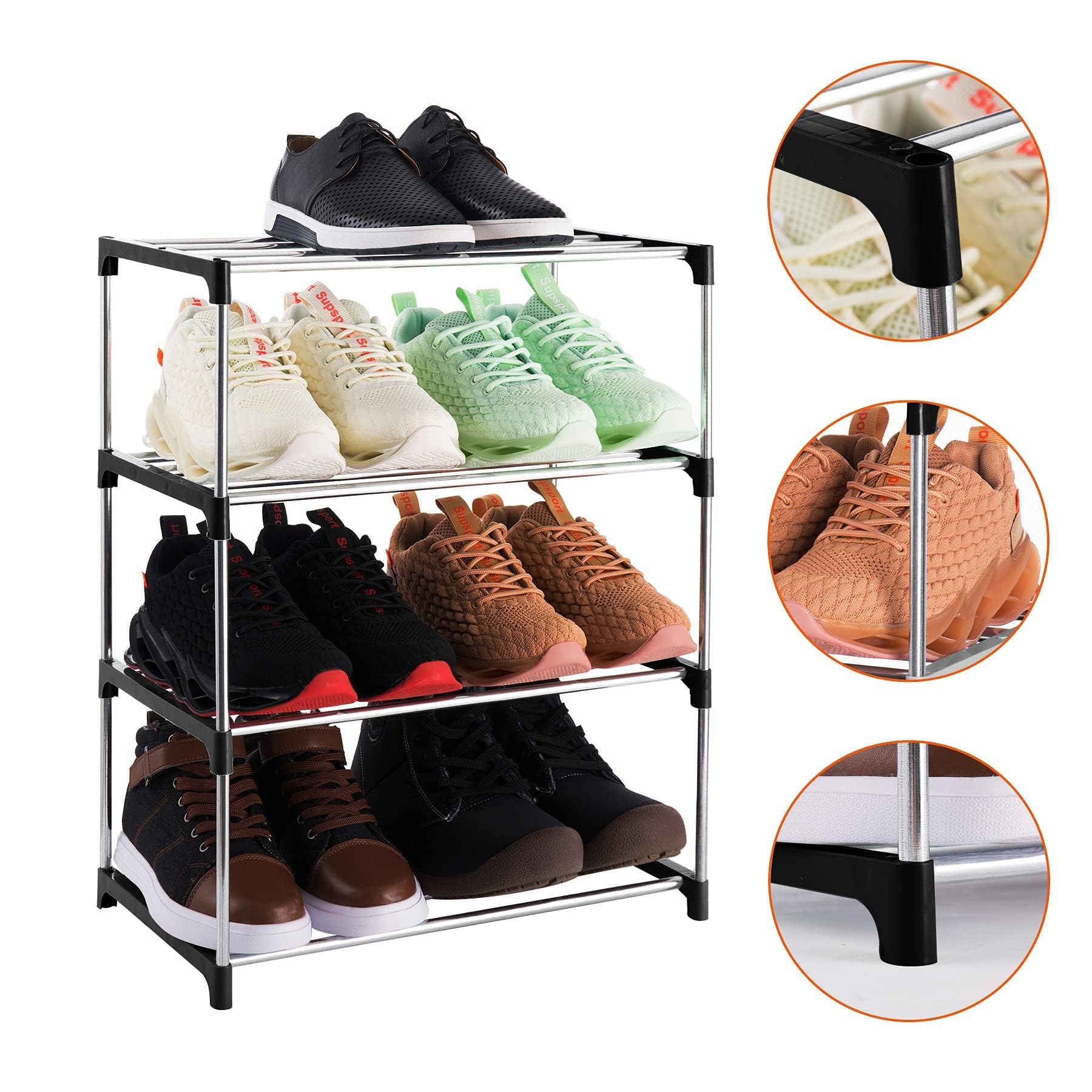 Xerhnan 4-Tier Stackable Small Shoe Rack, Lightweight Shoe Shelf Storage Organizer for Entryway, Hallway and Closet(Black)