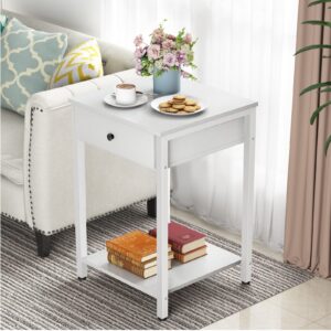 Ecoprsio Nightstand White End Table Side Table with Drawer and Storage Shelf Wood Night Stand Modern Bedside Table for Bedroom, Living Room, Sofa Couch, Hall, Easy Assembly, White