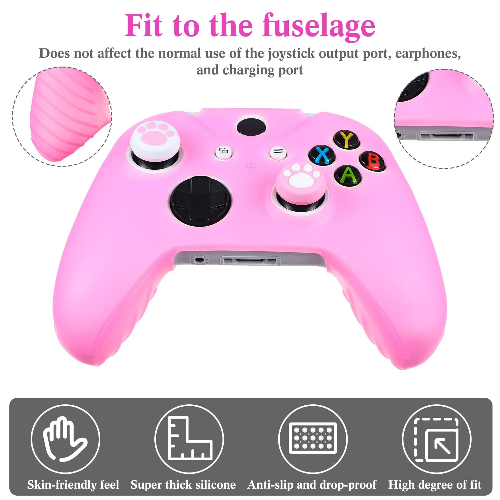 Chalyna 14 Pcs Controller Skins Anti-Slip Accessories Set Silicone Cover Protector Case Compatible with Xbox One/S/X Controller Wireless/Wired Gamepad Joystick with 12 Cat Paw Thumb Grips (Pink)