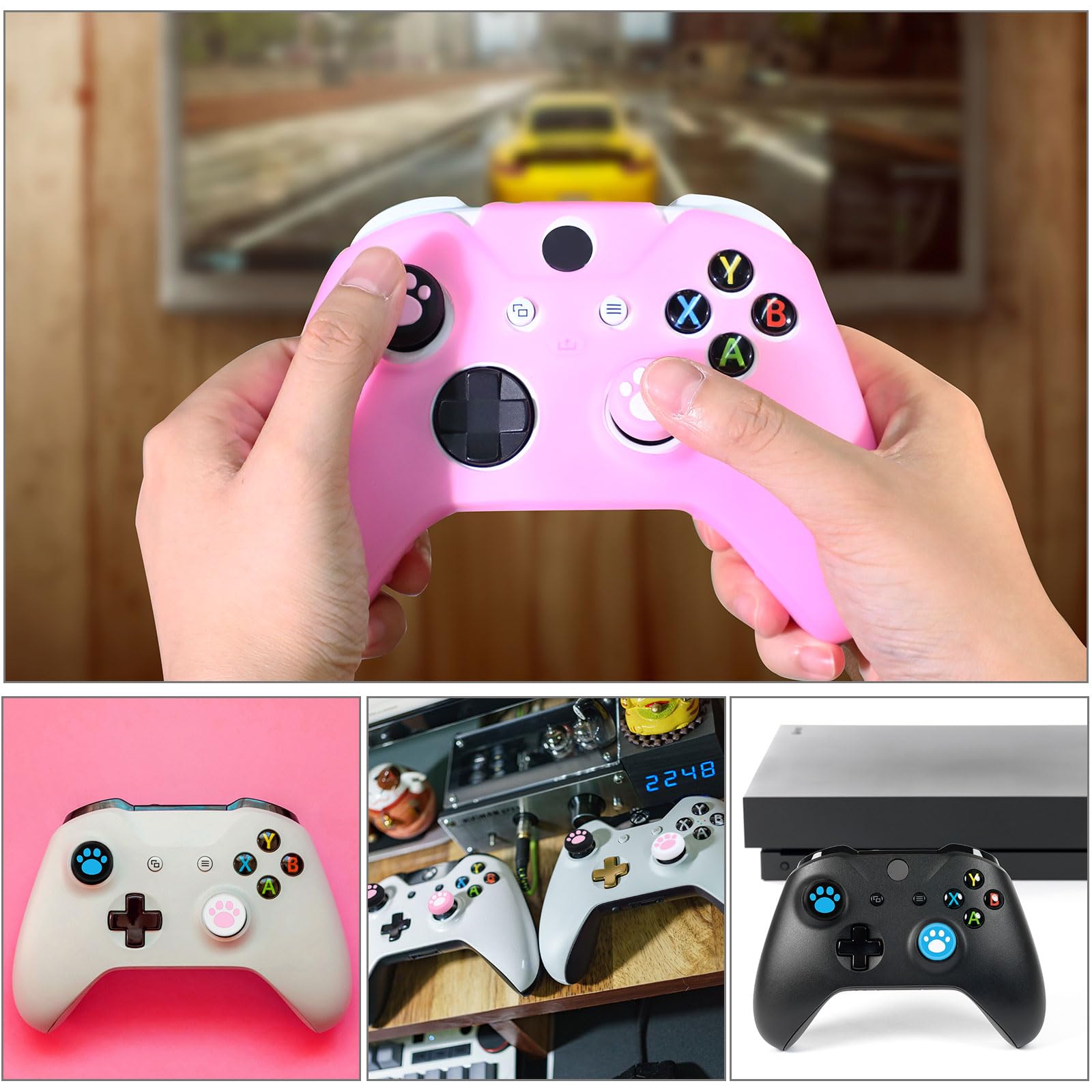 Chalyna 14 Pcs Controller Skins Anti-Slip Accessories Set Silicone Cover Protector Case Compatible with Xbox One/S/X Controller Wireless/Wired Gamepad Joystick with 12 Cat Paw Thumb Grips (Pink)